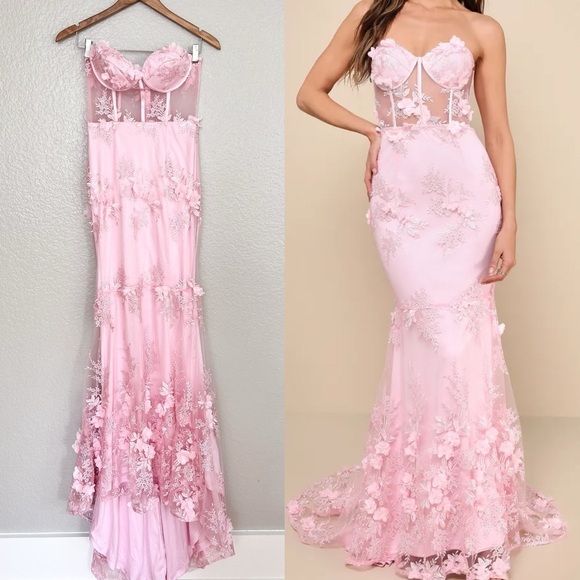 Lulus Dresses & Skirts - Radiant Expectations Pink Embroidered Floral Bustier Maxi Dress
